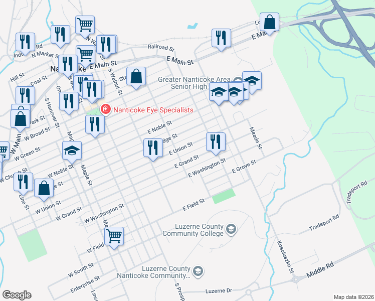 map of restaurants, bars, coffee shops, grocery stores, and more near 352-358 E Union St in Nanticoke