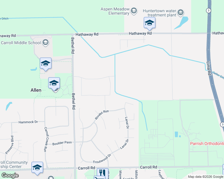 map of restaurants, bars, coffee shops, grocery stores, and more near 12624 Serene Shores in Fort Wayne