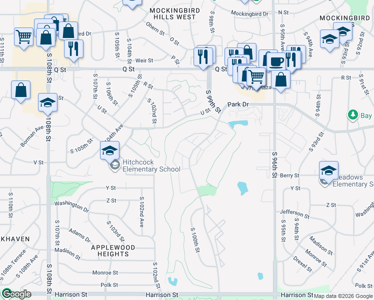 map of restaurants, bars, coffee shops, grocery stores, and more near 5820 South 99th Street in Omaha