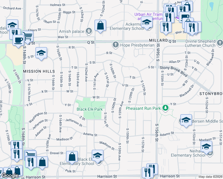 map of restaurants, bars, coffee shops, grocery stores, and more near 5611 South 161st Street in Omaha
