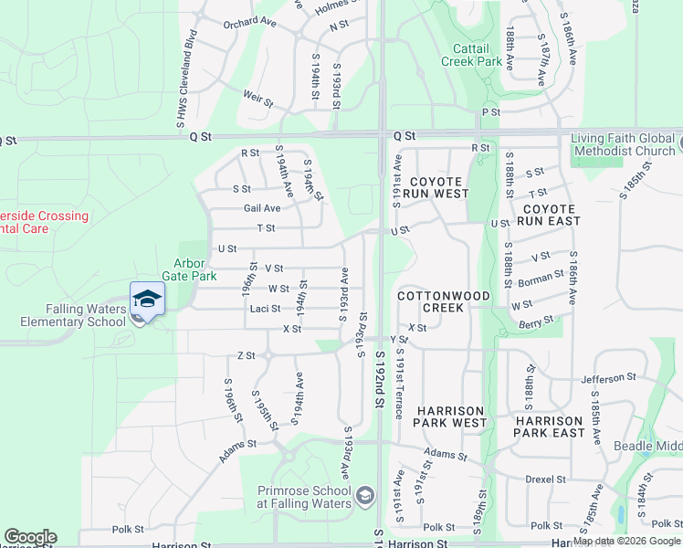 map of restaurants, bars, coffee shops, grocery stores, and more near 19350 V Street in Omaha