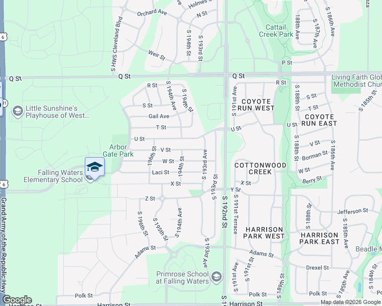 map of restaurants, bars, coffee shops, grocery stores, and more near 19382 V Street in Omaha