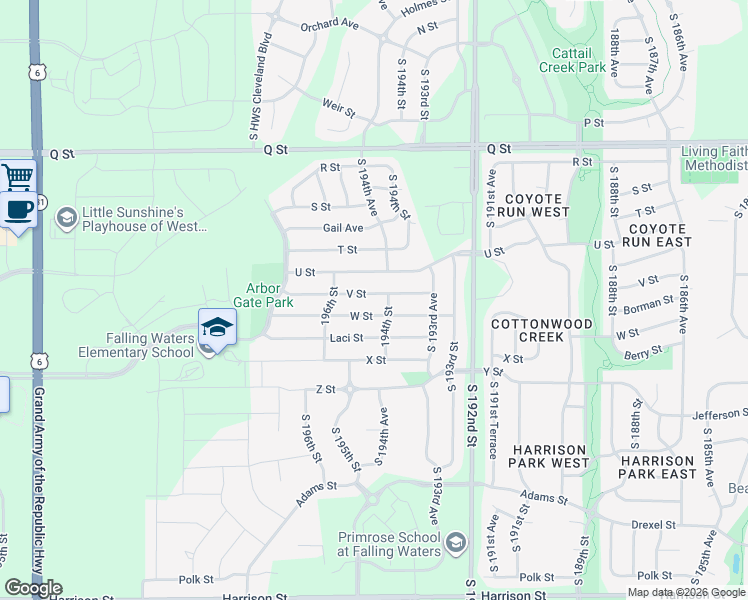 map of restaurants, bars, coffee shops, grocery stores, and more near 19426 V Street in Omaha