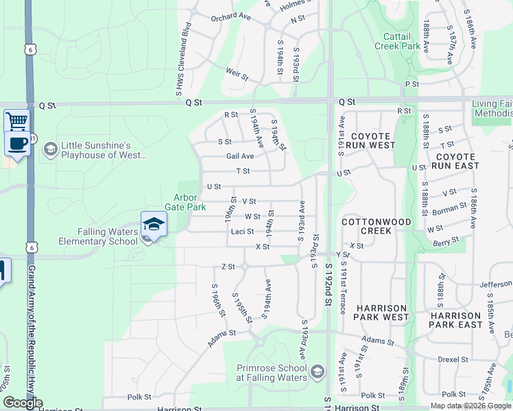 map of restaurants, bars, coffee shops, grocery stores, and more near 19426 V Street in Omaha