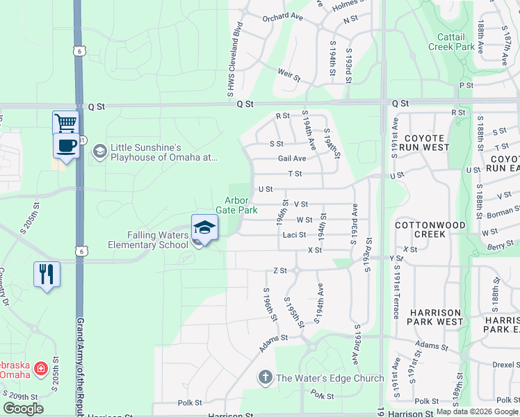 map of restaurants, bars, coffee shops, grocery stores, and more near 19640 V Street in Omaha