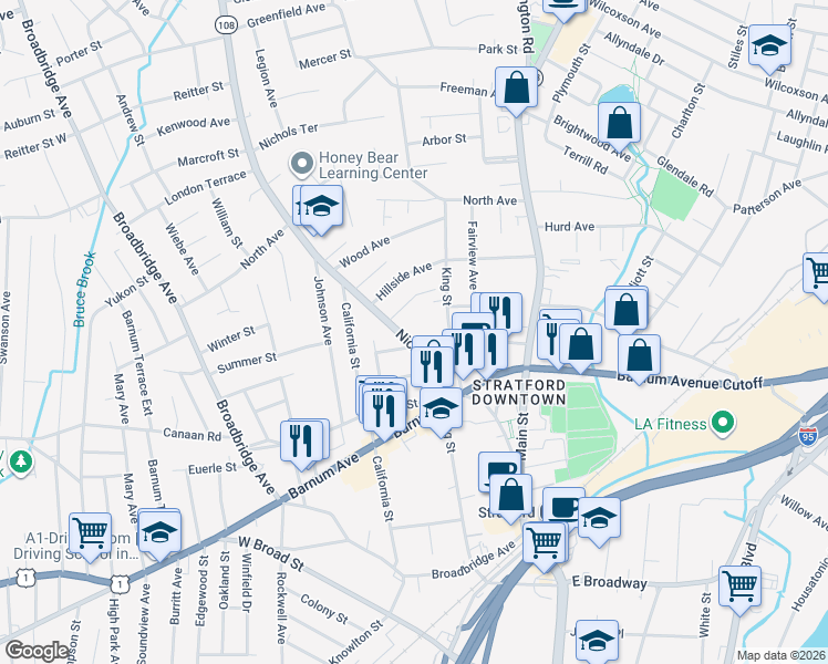 map of restaurants, bars, coffee shops, grocery stores, and more near 563 King Street in Stratford