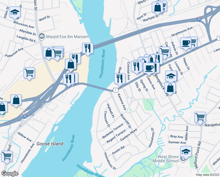 map of restaurants, bars, coffee shops, grocery stores, and more near 12 Bridgeport Avenue in Milford