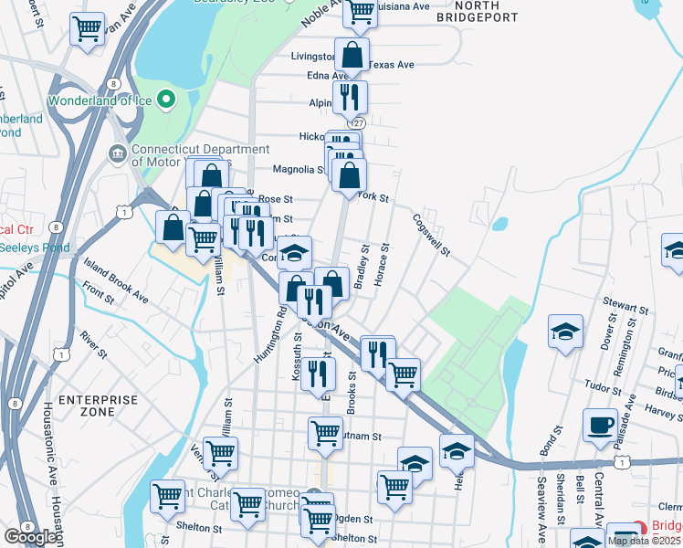 map of restaurants, bars, coffee shops, grocery stores, and more near 177 Bradley Street in Bridgeport