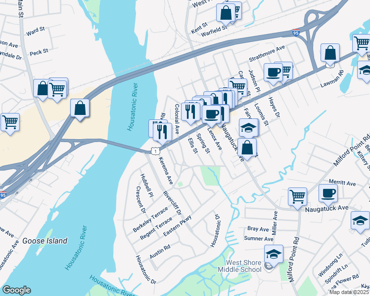 map of restaurants, bars, coffee shops, grocery stores, and more near 79 Bridgeport Avenue in Milford