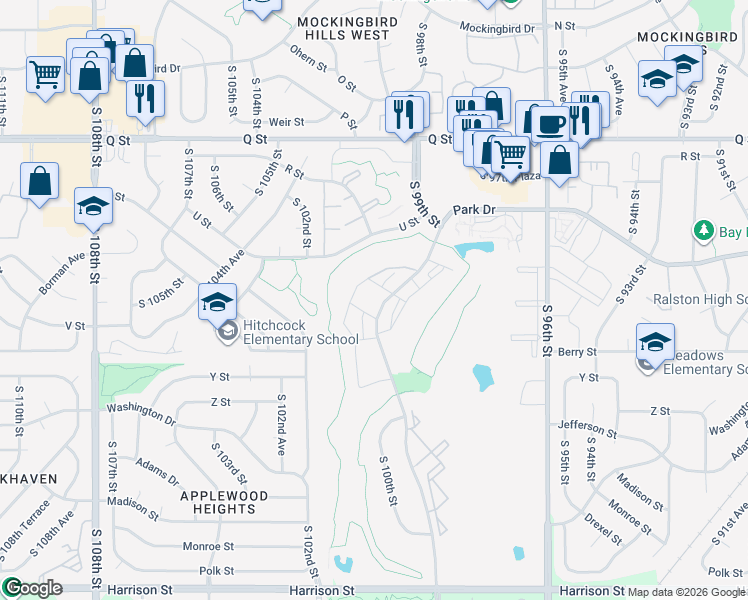 map of restaurants, bars, coffee shops, grocery stores, and more near 5820 South 99th Street in Omaha