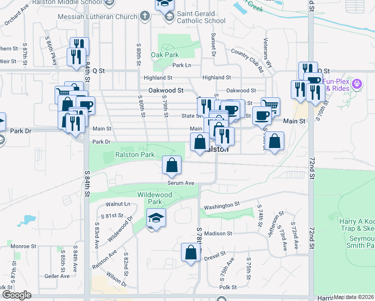 map of restaurants, bars, coffee shops, grocery stores, and more near 7775 Park Drive in Ralston