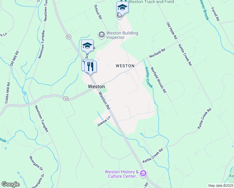 map of restaurants, bars, coffee shops, grocery stores, and more near 165 Weston Road in Weston