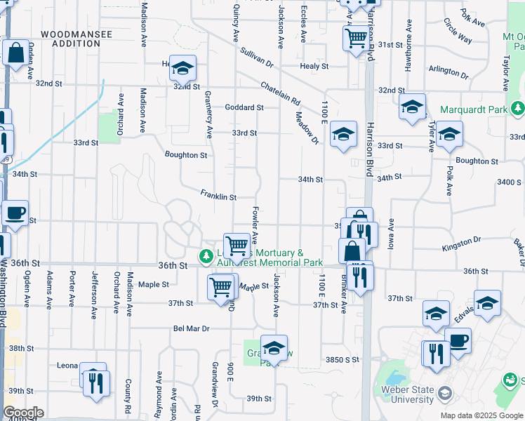 map of restaurants, bars, coffee shops, grocery stores, and more near 3456 Fowler Avenue in Ogden