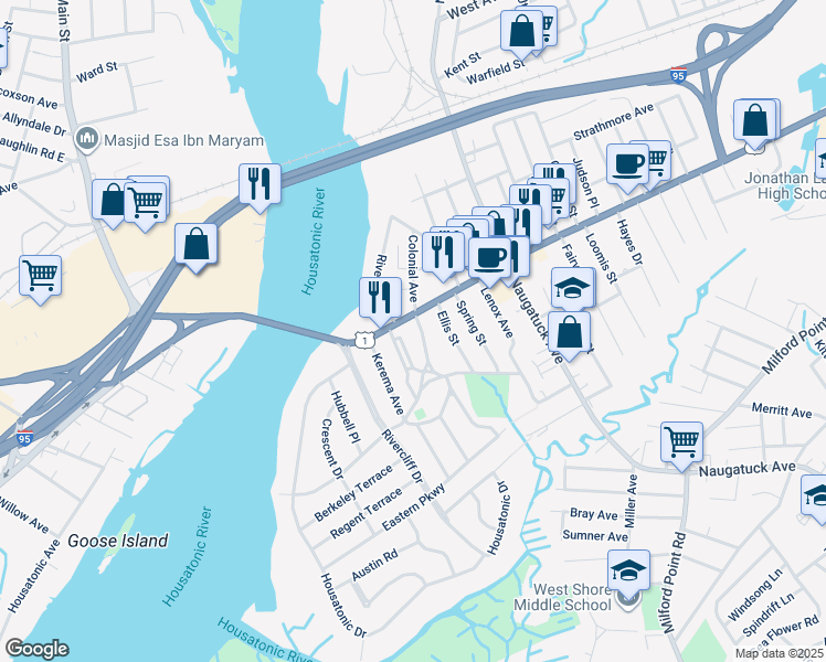 map of restaurants, bars, coffee shops, grocery stores, and more near 79 Bridgeport Avenue in Milford