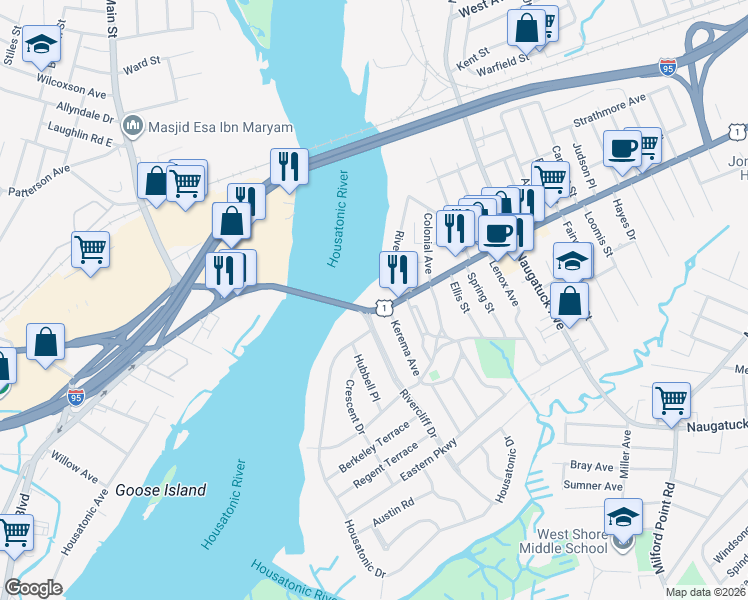 map of restaurants, bars, coffee shops, grocery stores, and more near 12 Bridgeport Avenue in Milford