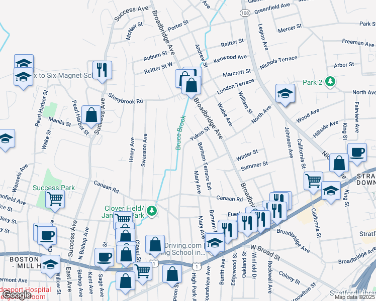 map of restaurants, bars, coffee shops, grocery stores, and more near 523 Barnum Terrace Extension in Stratford