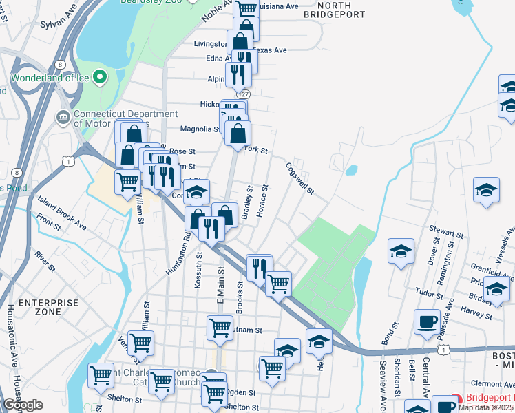map of restaurants, bars, coffee shops, grocery stores, and more near 172 Horace Street in Bridgeport