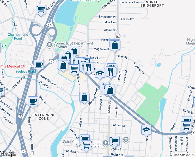 map of restaurants, bars, coffee shops, grocery stores, and more near 545 Huntington Road in Bridgeport