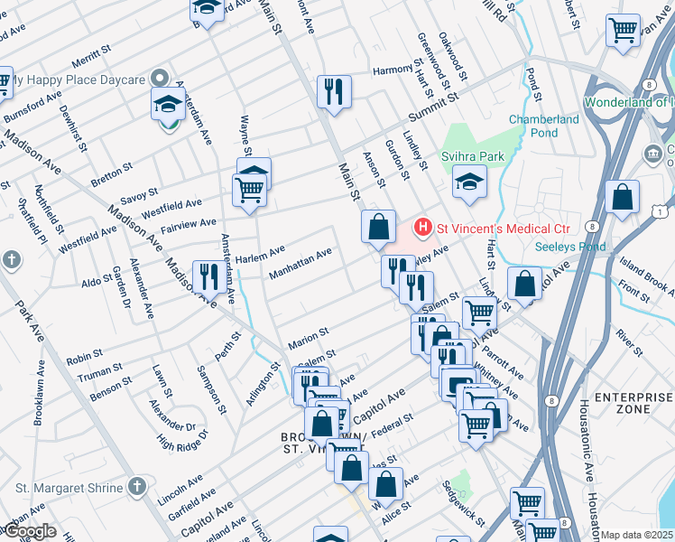 map of restaurants, bars, coffee shops, grocery stores, and more near 81 Bronx Avenue in Bridgeport