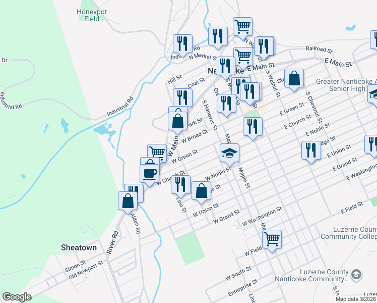 map of restaurants, bars, coffee shops, grocery stores, and more near 170 West Green Street in Nanticoke