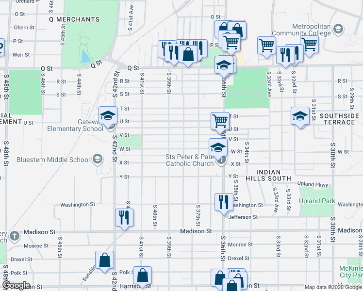 map of restaurants, bars, coffee shops, grocery stores, and more near 3809 V Street in Omaha