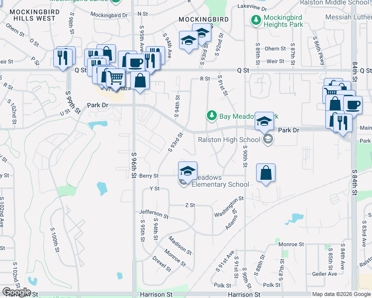 map of restaurants, bars, coffee shops, grocery stores, and more near 5630 South 92nd Plaza in Omaha