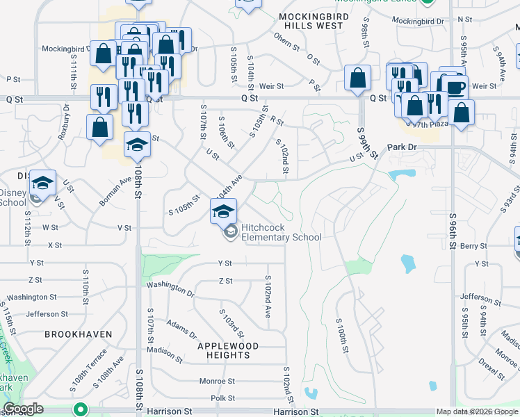 map of restaurants, bars, coffee shops, grocery stores, and more near 10205 U Street in Omaha