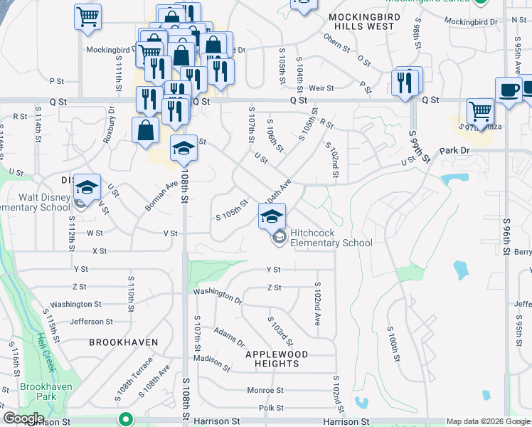 map of restaurants, bars, coffee shops, grocery stores, and more near 5723 South 104th Avenue in Omaha
