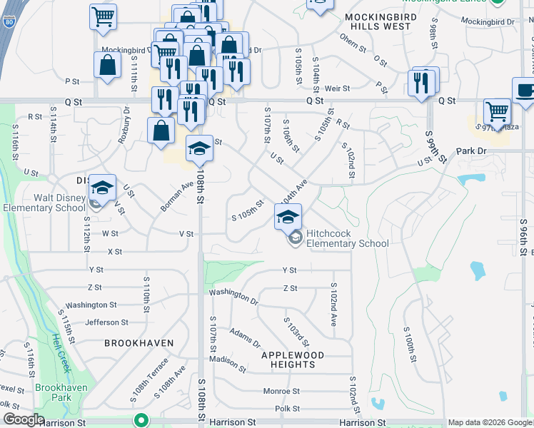 map of restaurants, bars, coffee shops, grocery stores, and more near 5815 South 105th Street in Omaha