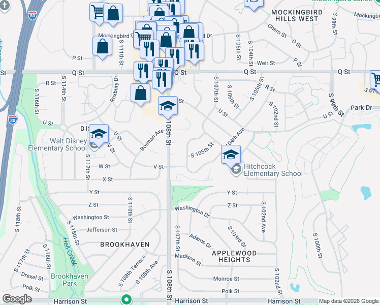 map of restaurants, bars, coffee shops, grocery stores, and more near 5837 South 107th Street in Omaha
