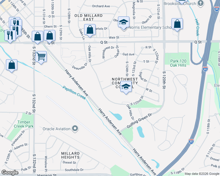 map of restaurants, bars, coffee shops, grocery stores, and more near 12515 V Street in Omaha