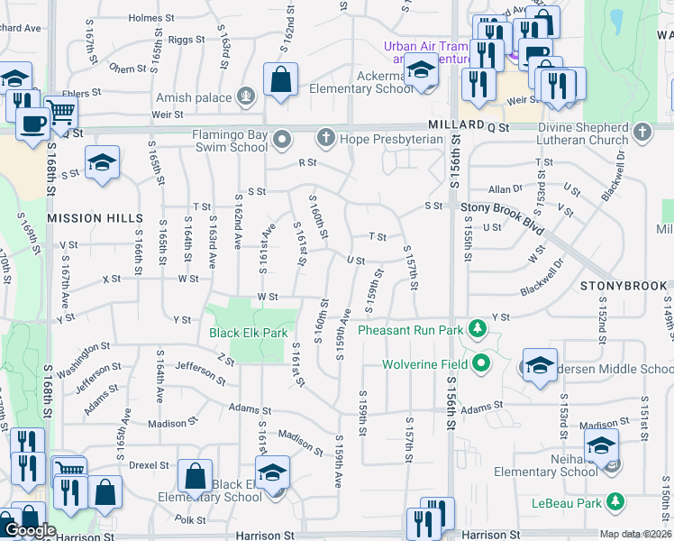 map of restaurants, bars, coffee shops, grocery stores, and more near 5605 South 160th Street in Omaha