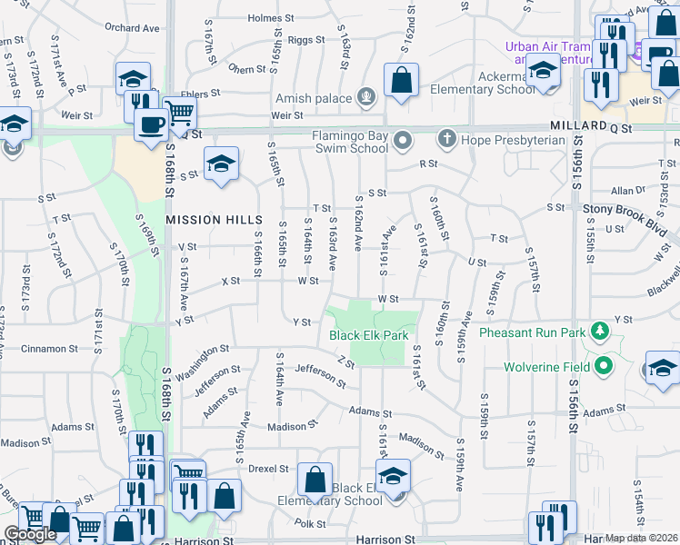 map of restaurants, bars, coffee shops, grocery stores, and more near 5703 South 163rd Avenue in Omaha