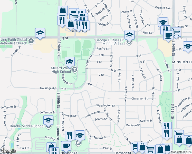 map of restaurants, bars, coffee shops, grocery stores, and more near 17534 V Street in Omaha