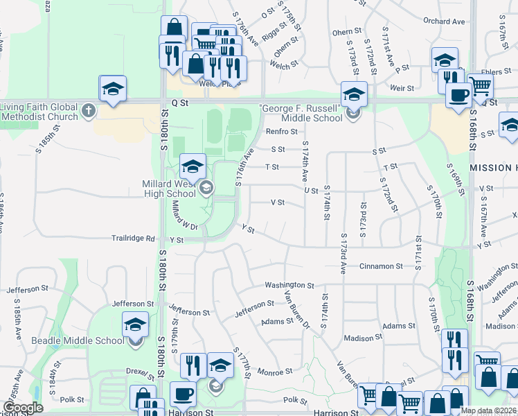 map of restaurants, bars, coffee shops, grocery stores, and more near 17534 V Street in Omaha