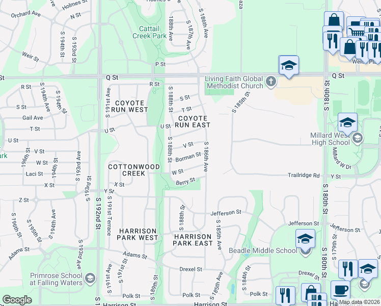 map of restaurants, bars, coffee shops, grocery stores, and more near 18721 V Street in Omaha