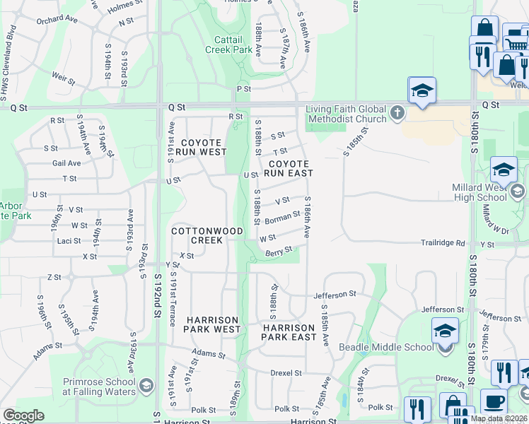 map of restaurants, bars, coffee shops, grocery stores, and more near 18721 V Street in Omaha