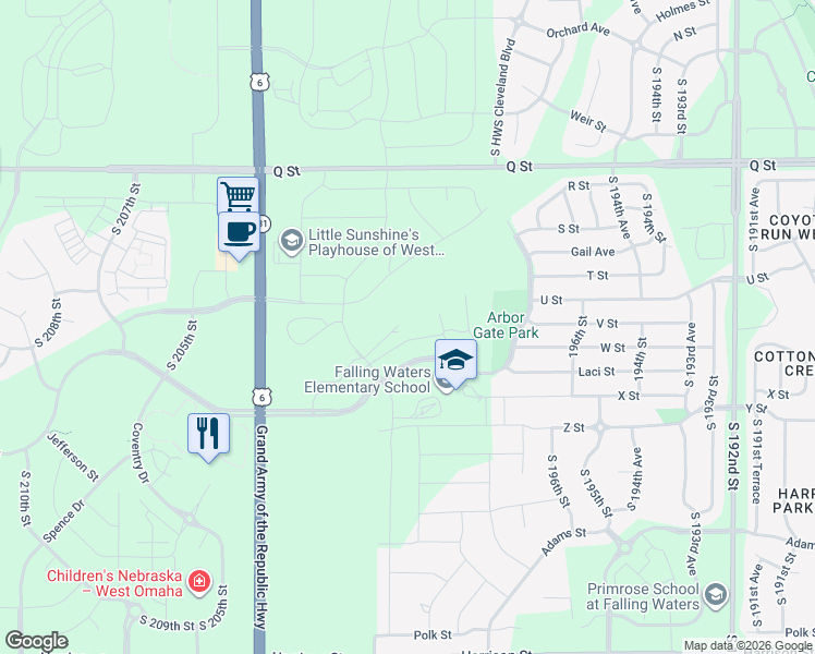 map of restaurants, bars, coffee shops, grocery stores, and more near 5601 South 204th Street in Douglas County