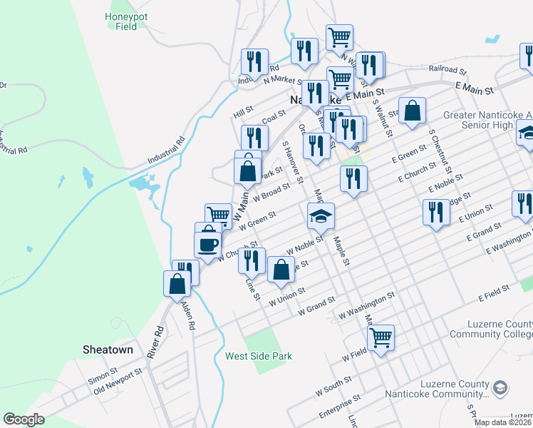 map of restaurants, bars, coffee shops, grocery stores, and more near 170 West Green Street in Nanticoke