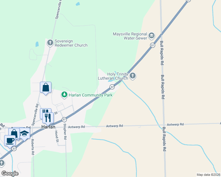 map of restaurants, bars, coffee shops, grocery stores, and more near 18235 State Highway 37 in Harlan