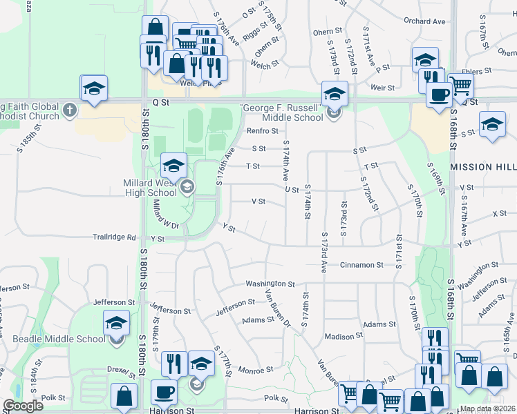 map of restaurants, bars, coffee shops, grocery stores, and more near 17474 V Street in Omaha