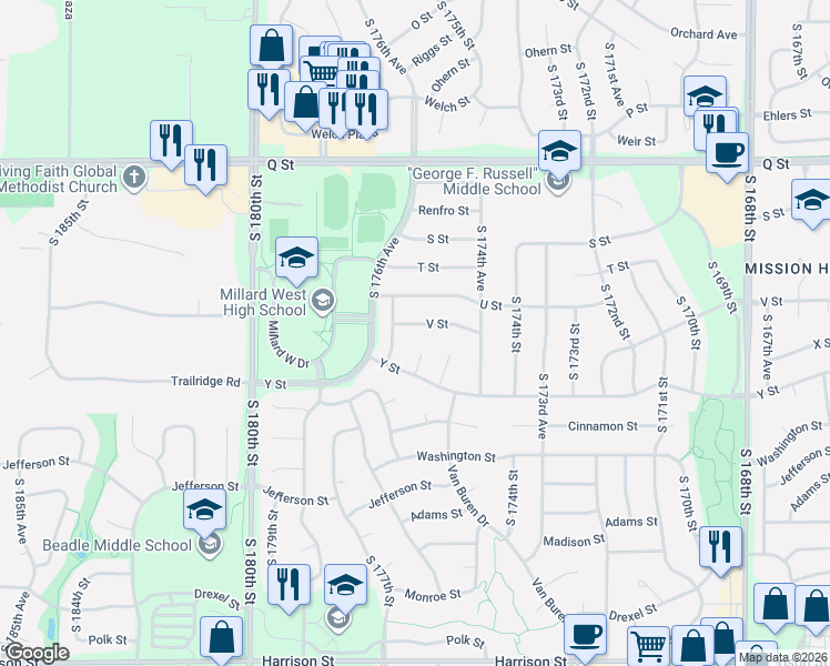 map of restaurants, bars, coffee shops, grocery stores, and more near 17534 V Street in Omaha