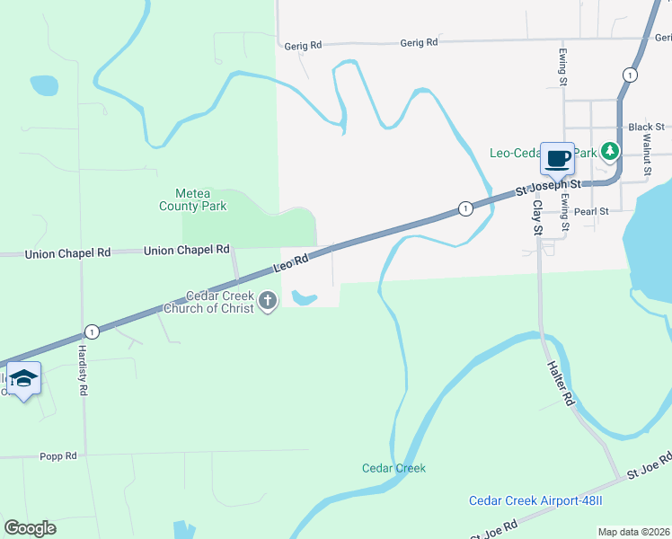 map of restaurants, bars, coffee shops, grocery stores, and more near 12640 Leo Road in Fort Wayne