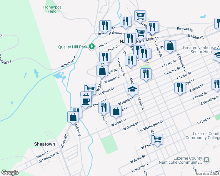 map of restaurants, bars, coffee shops, grocery stores, and more near 170 West Green Street in Nanticoke