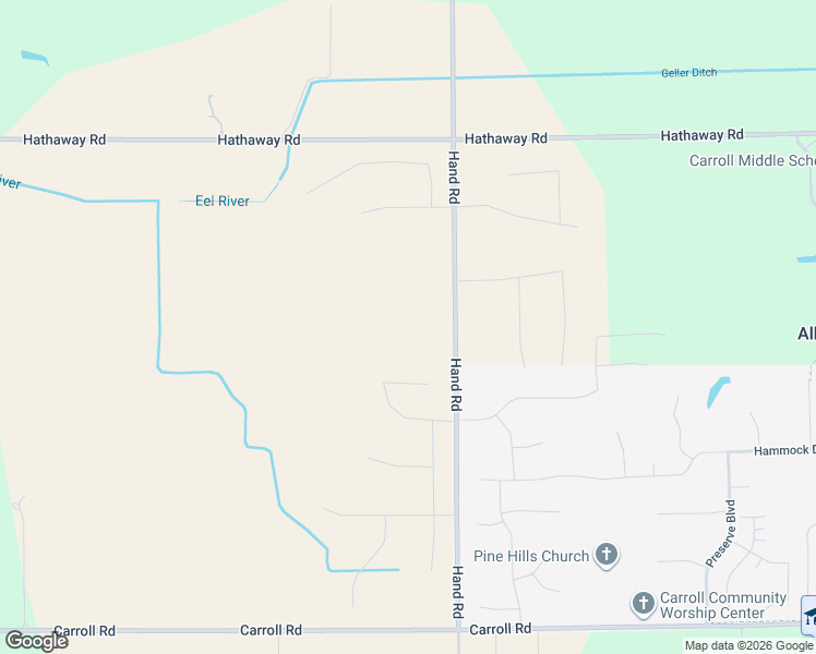 map of restaurants, bars, coffee shops, grocery stores, and more near 12709-13399 Hand Road in Fort Wayne