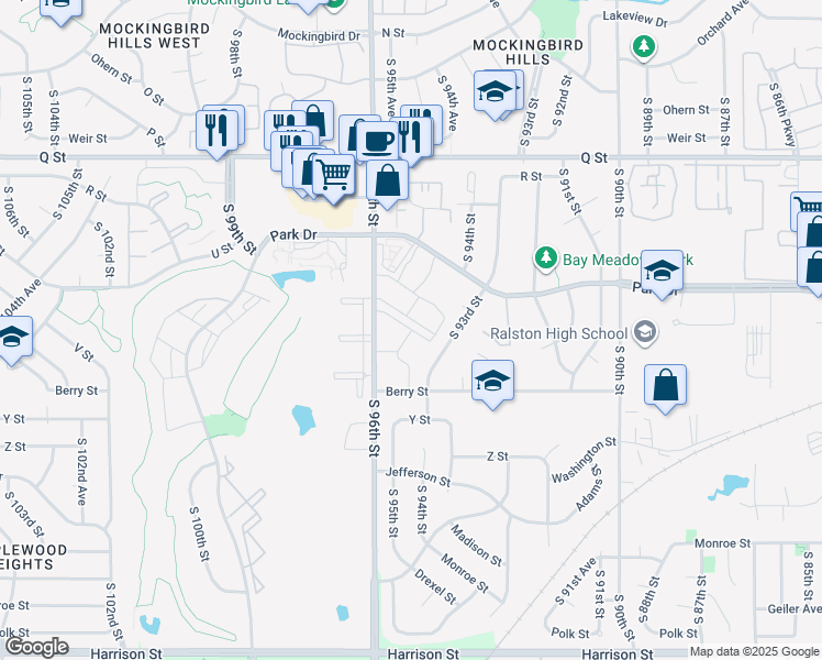 map of restaurants, bars, coffee shops, grocery stores, and more near 9501 V Plaza in Omaha