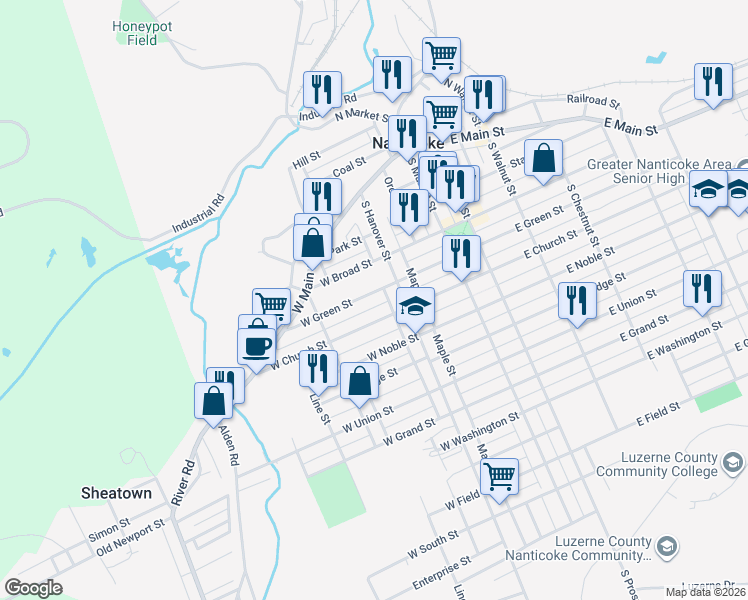 map of restaurants, bars, coffee shops, grocery stores, and more near 125 W Green St in Nanticoke