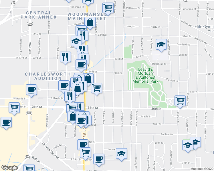 map of restaurants, bars, coffee shops, grocery stores, and more near 3474 Adams Avenue in Ogden