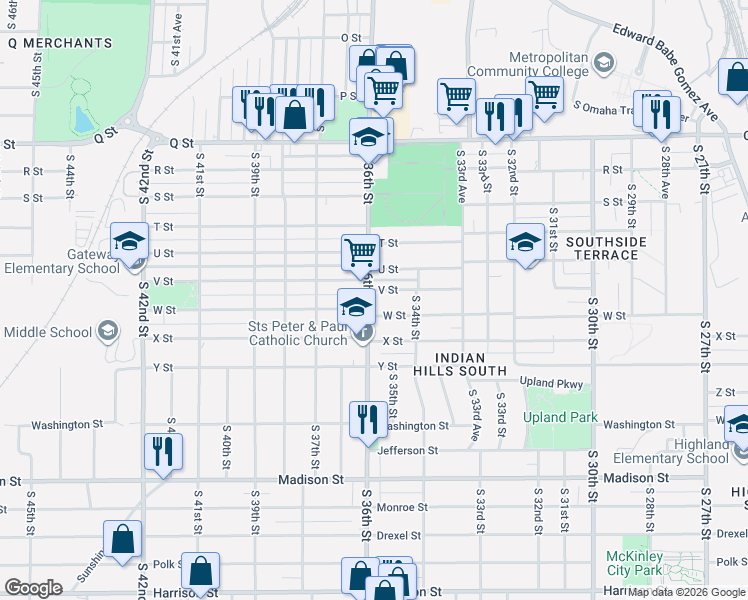 map of restaurants, bars, coffee shops, grocery stores, and more near 5707 South 36th Street in Omaha