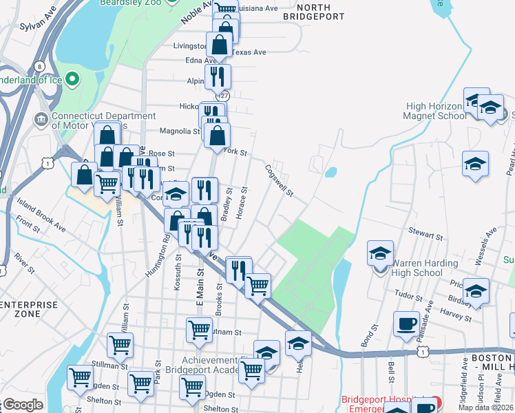 map of restaurants, bars, coffee shops, grocery stores, and more near 172 Horace Street in Bridgeport